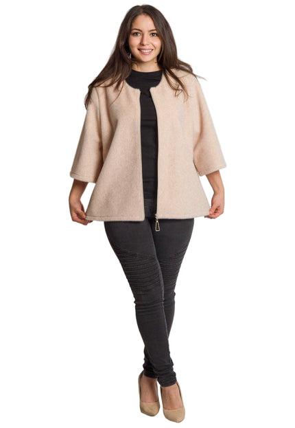 Дамски бежов свободен жакет с цип в големи размери