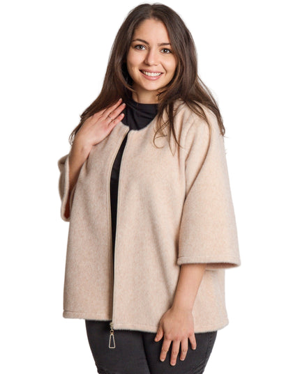 Дамски бежов свободен жакет с цип в големи размери