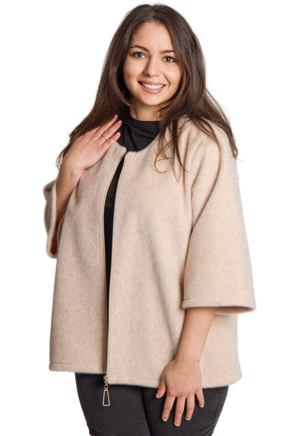 Дамски бежов свободен жакет с цип в големи размери