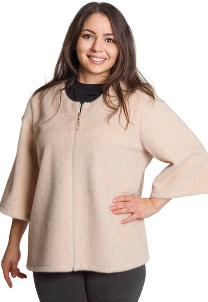 Дамски бежов свободен жакет с цип в големи размери