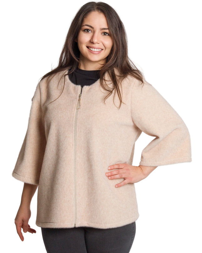 Дамски бежов свободен жакет с цип в големи размери