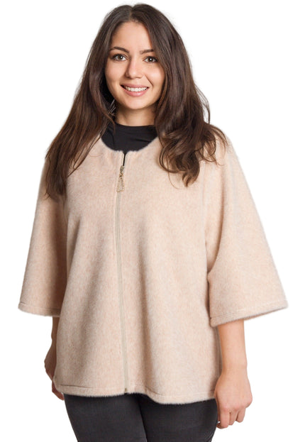 Дамски бежов свободен жакет с цип в големи размери