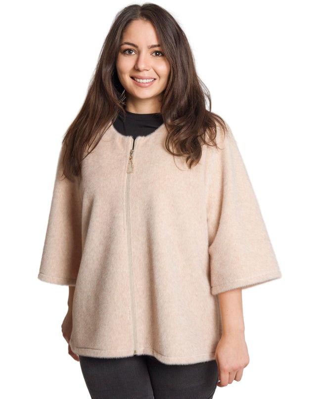 Дамски бежов свободен жакет с цип в големи размери
