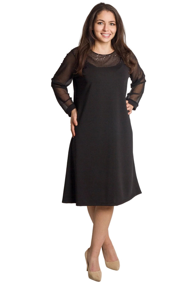 Официална черна рокля с тюлени ръкави и пайети