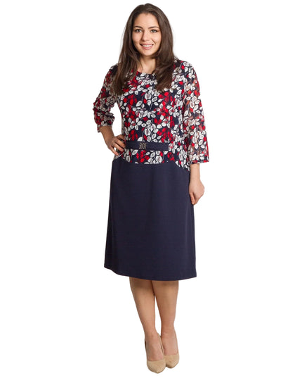 Официална тъмносиня рокля с 3/4 ръкави в макси размери