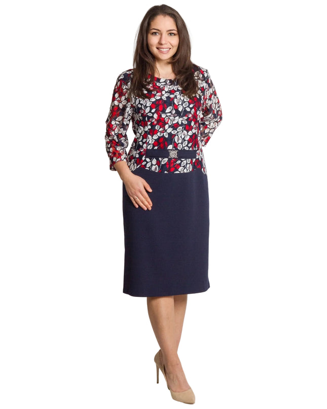 Официална тъмносиня рокля с 3/4 ръкави в макси размери