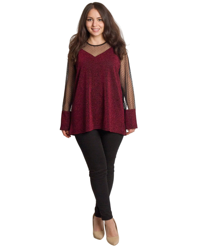 Блестяща бордо туника с тюл на точки в големи размери