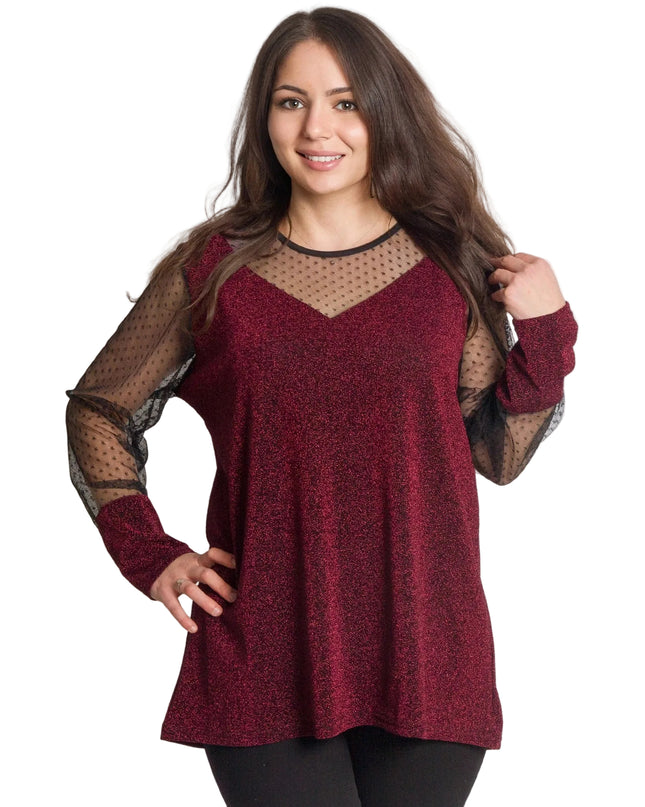 Блестяща бордо туника с тюл на точки в големи размери