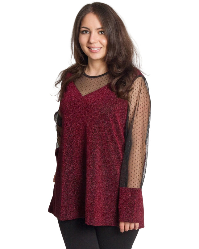 Блестяща бордо туника с тюл на точки в големи размери