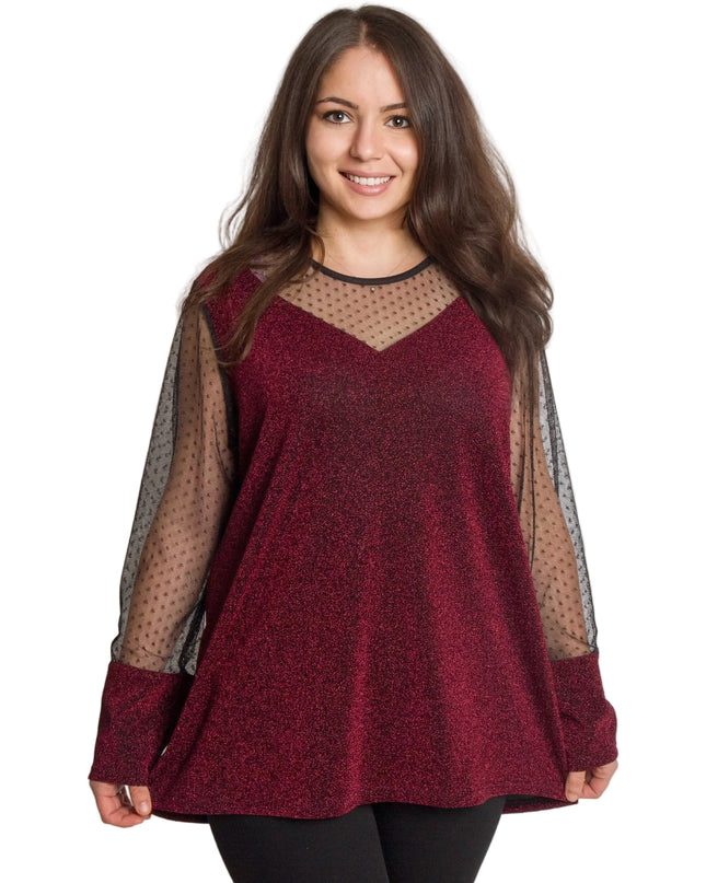 Блестяща бордо туника с тюл на точки в големи размери