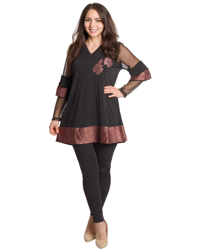 Черна официална туника с тюлени ръкави и блестящи цветя