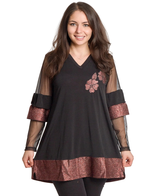 Черна официална туника с тюлени ръкави и блестящи цветя