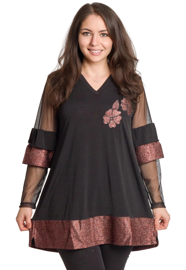 Черна официална туника с тюлени ръкави и блестящи цветя