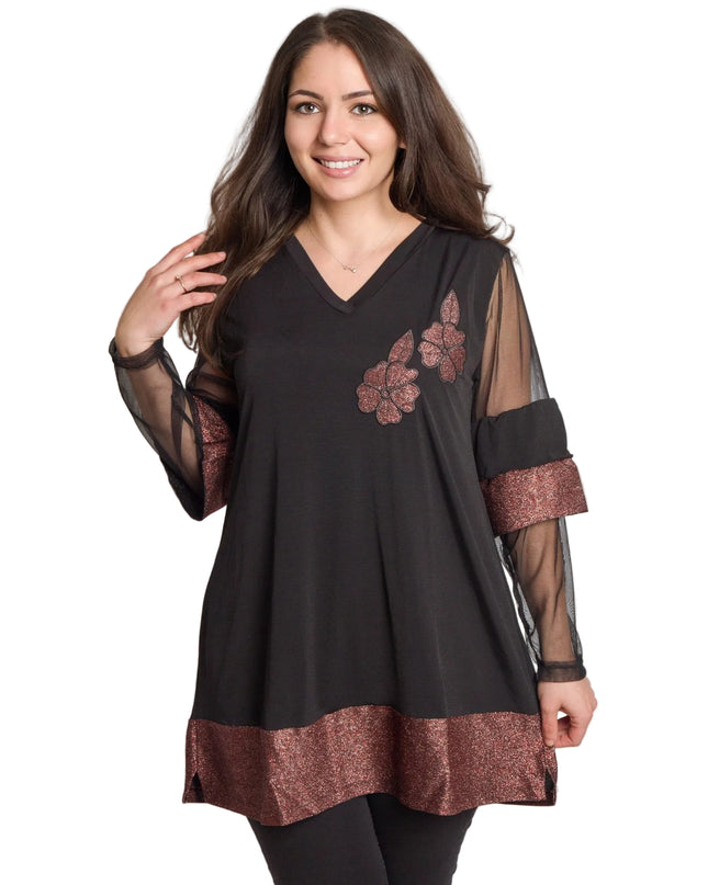 Черна официална туника с тюлени ръкави и блестящи цветя