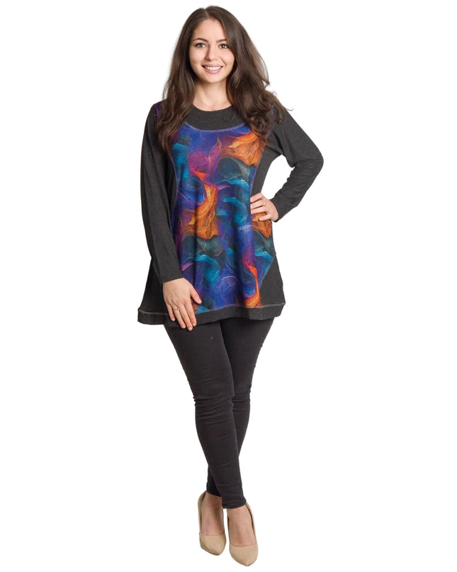 Тъмносива макси туника с живописен цветен ефект