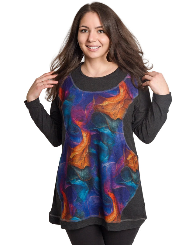 Тъмносива макси туника с живописен цветен ефект