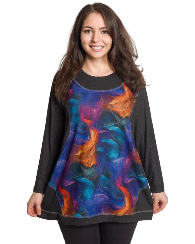 Тъмносива макси туника с живописен цветен ефект