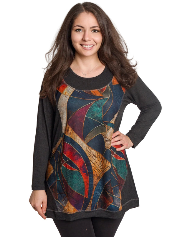 Тъмносива туника с артистичен цветен мотив и свободна кройка