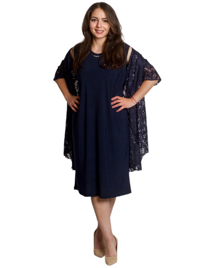 Официален тъмносин маски сет от рокля и дантелено сако