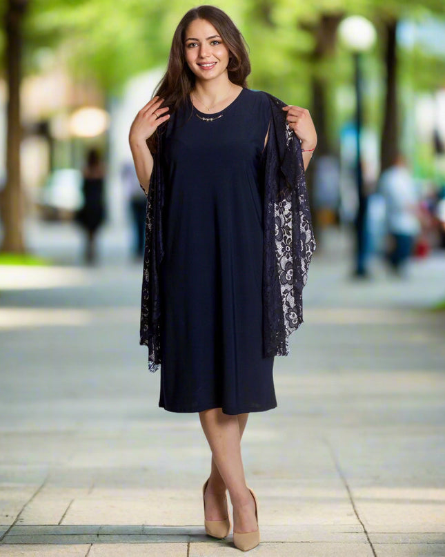 Официален тъмносин маски сет от рокля и дантелено сако