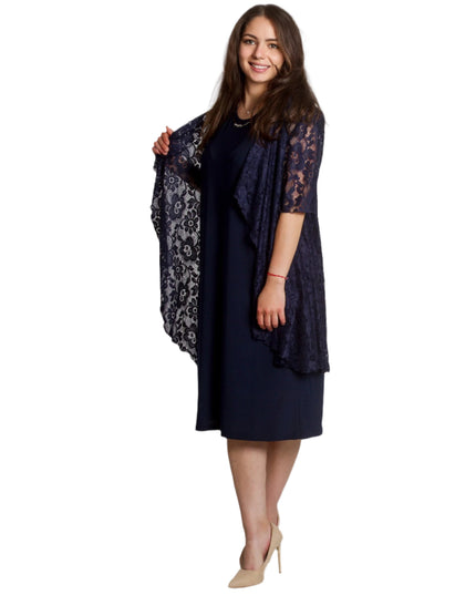 Официален тъмносин маски сет от рокля и дантелено сако