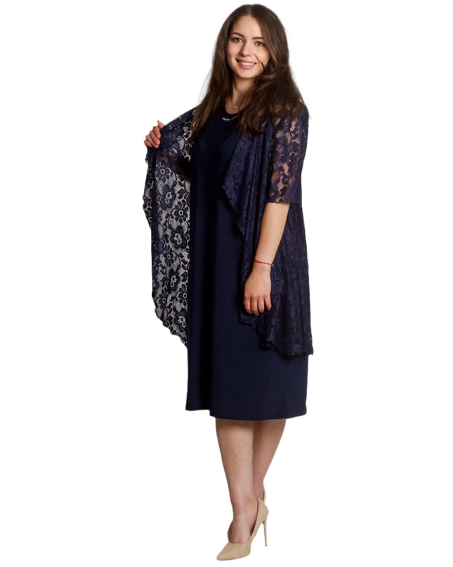 Официален тъмносин маски сет от рокля и дантелено сако