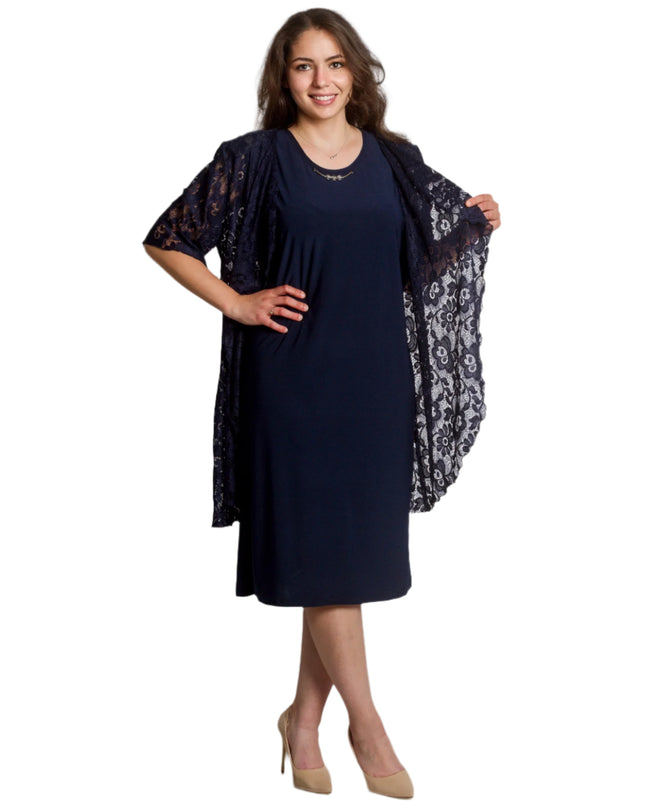 Официален тъмносин маски сет от рокля и дантелено сако