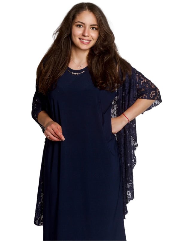 Официален тъмносин маски сет от рокля и дантелено сако