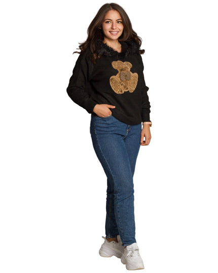 Черна макси блуза с апликация мече и пухкава яка