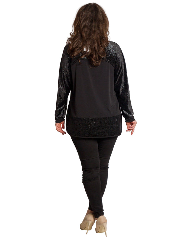 Елегантна разкроена туника с блестящи детайли в черен цвят