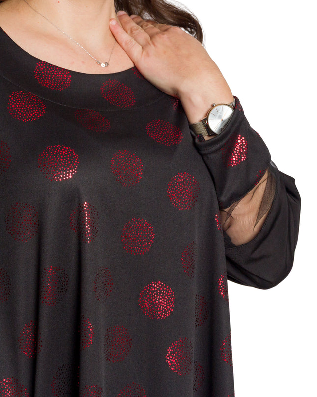 Елегантна разкроена туника с червени лъскави точки