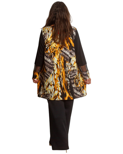 Свободна туника с абстрактен десен в жълто-оранжеви тонове