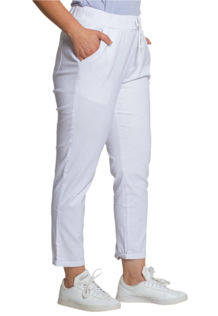 Бели прави дамски панталони до глезена с ластик и връзки - Maxi Market