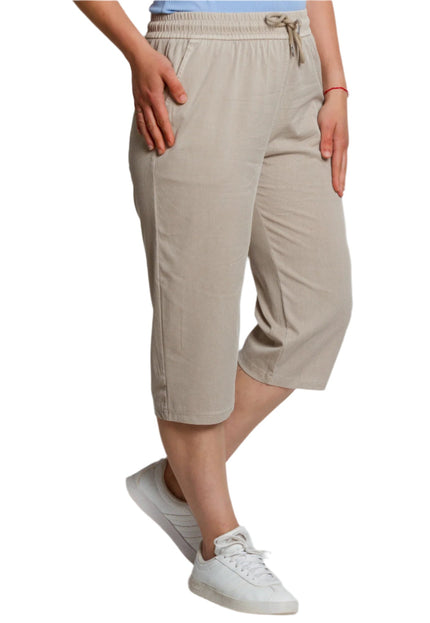 Бежов еластичен панталон с висока талия и връзки - Maxi Market