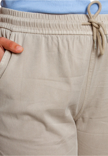 Бежов еластичен панталон с висока талия и връзки - Maxi Market