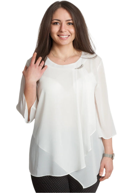 Бяла официална макси туника от шифон с брошка и 3/4 ръкави - Maxi Market