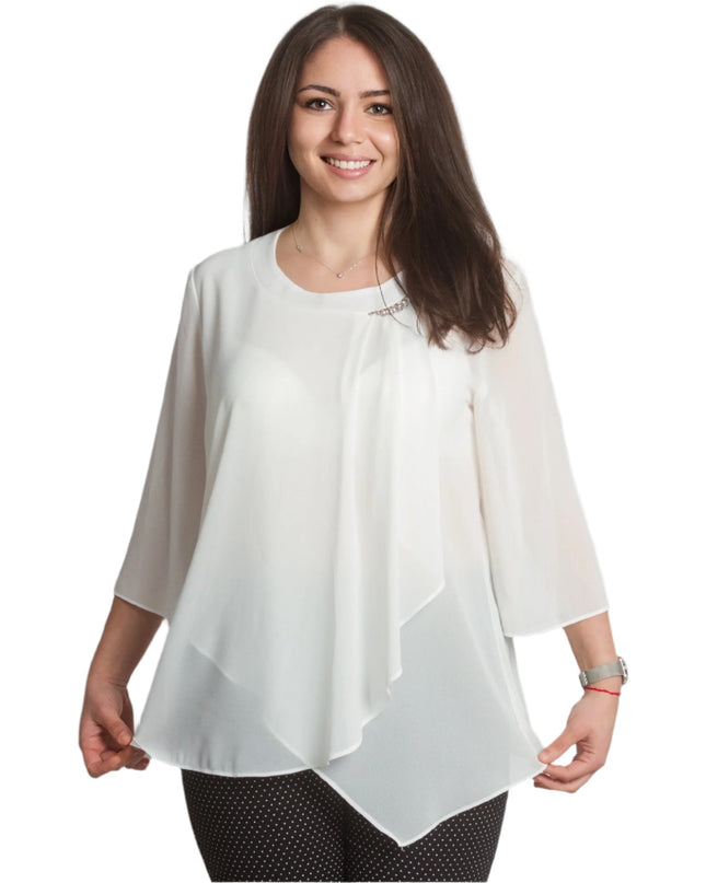 Бяла официална макси туника от шифон с брошка и 3/4 ръкави - Maxi Market