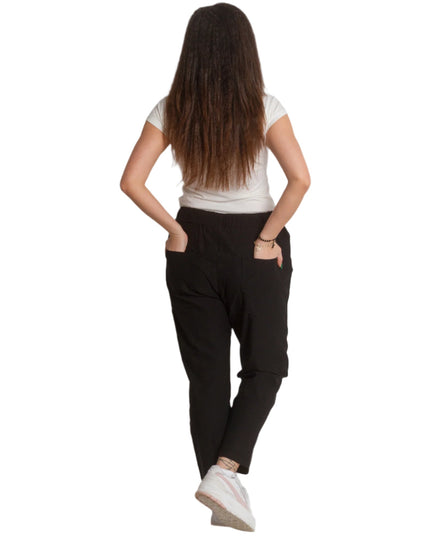 Черен елегантен макси панталон с еластична талия и връзки - Maxi Market