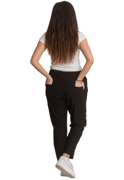 Черен елегантен макси панталон с еластична талия и връзки - Maxi Market