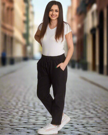 Черен елегантен макси панталон с еластична талия и връзки - Maxi Market