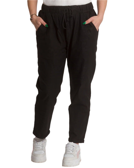 Черен елегантен макси панталон с еластична талия и връзки - Maxi Market