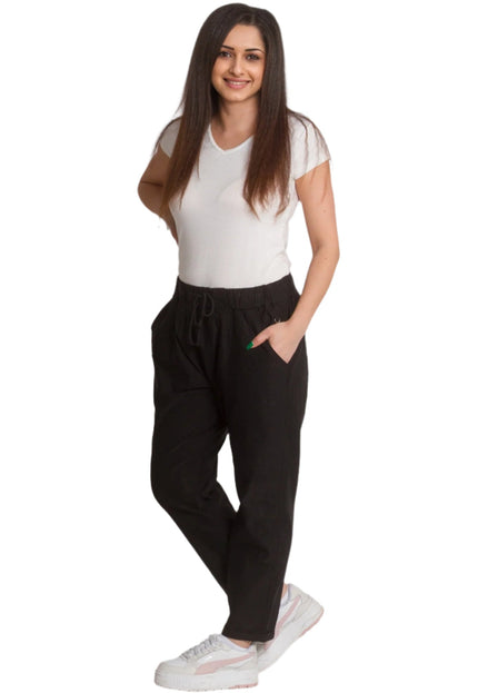 Черен елегантен макси панталон с еластична талия и връзки - Maxi Market