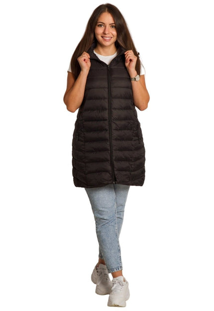 Черен елек с качулка и джобове в големи размери - Maxi Market