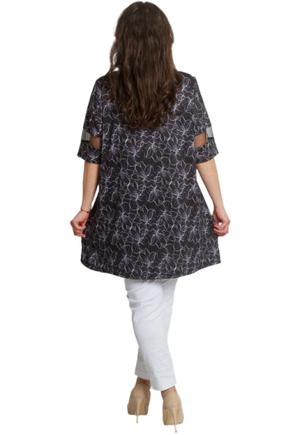 Черна макси туника с флорален десен и мрежести акценти - Maxi Market