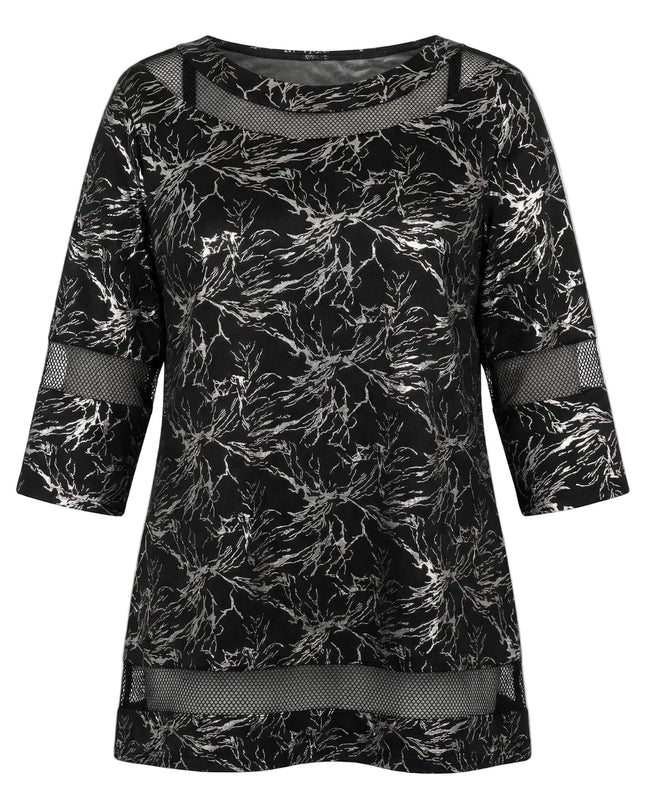 Черна официална макси туника със сребрист принт, 3/4 ръкави и мрежести платки, заснета отпред на бял фон.