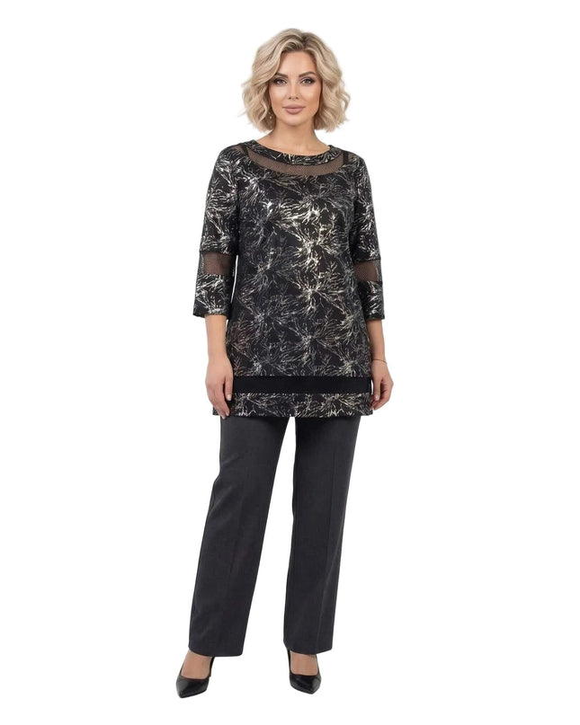 Черна официална макси туника със сребрист принт и мрежести детайли, показана в цял ръст на бял фон.