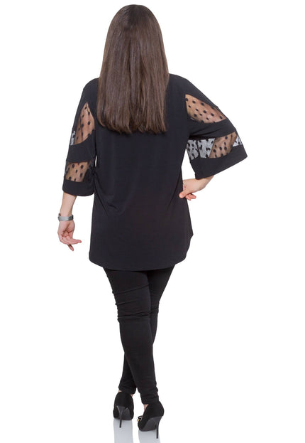 Черна официална туника с тюл на точки и 3/4 ръкави