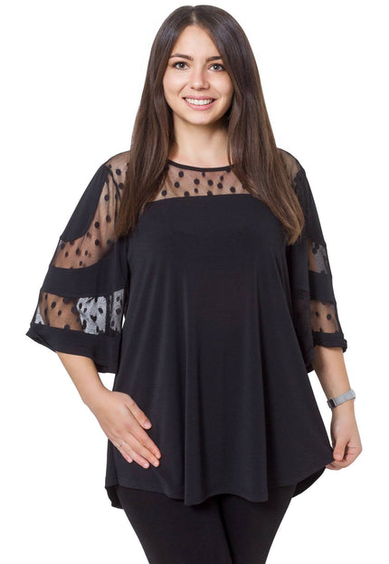 Черна официална туника с тюл на точки и 3/4 ръкави