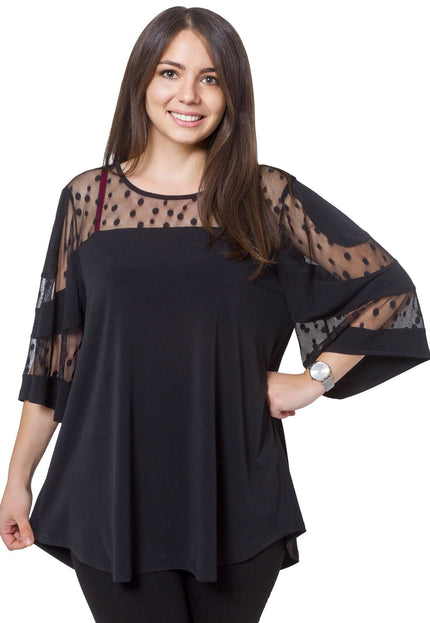 Черна официална туника с тюл на точки и 3/4 ръкави