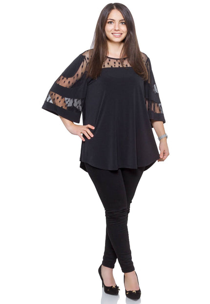 Черна официална туника с тюл на точки и 3/4 ръкави